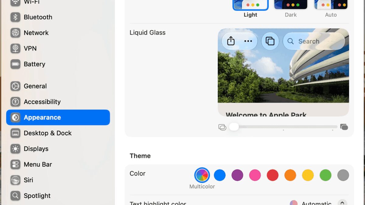 Настройка Liquid Glass в macOS 27, экран настроек, переключатели и цветовая палитра