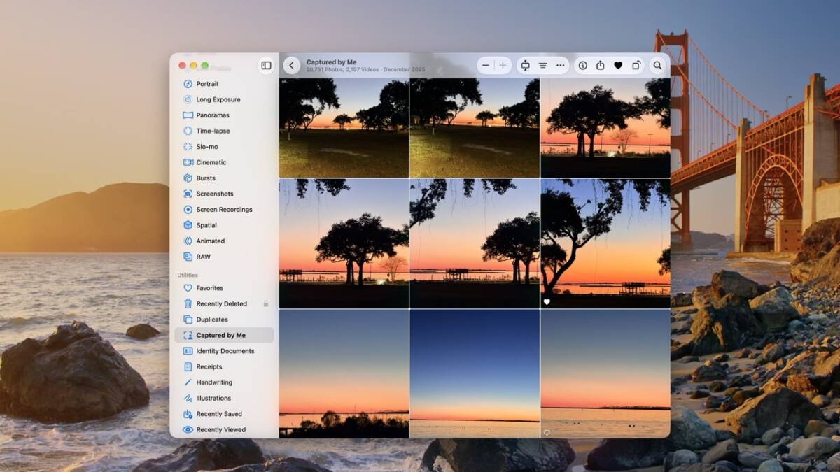 скриншот приложения Фото на macOS 27 с фотографиями заката
