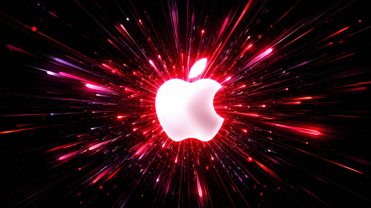 Логотип Apple на фоне ярких искрящихся линий MacSync
