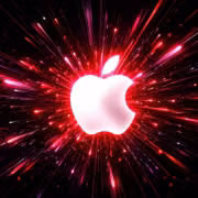 Логотип Apple на фоне ярких искрящихся линий MacSync