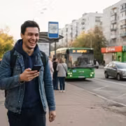 Молодой мужчина на улице с телефоном и рюкзаком