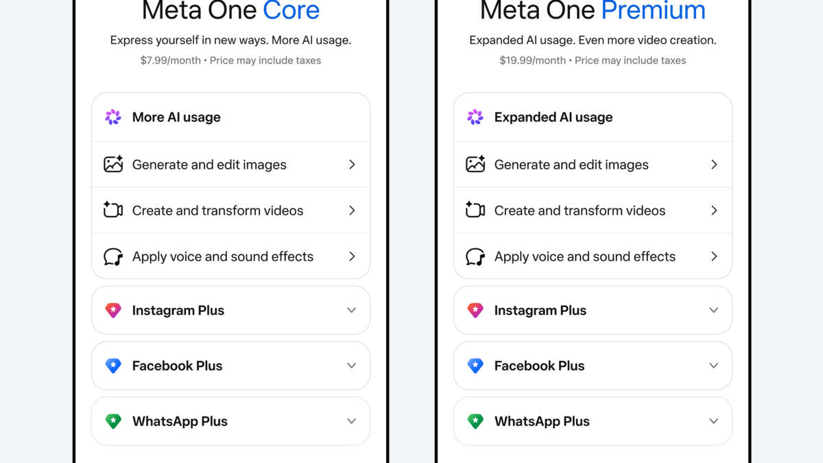 Meta запустила подписки Meta One с ИИ-функциями от $2,99 в месяц 3 Два экрана телефона показывают подписки Meta* One с ИИ функциями