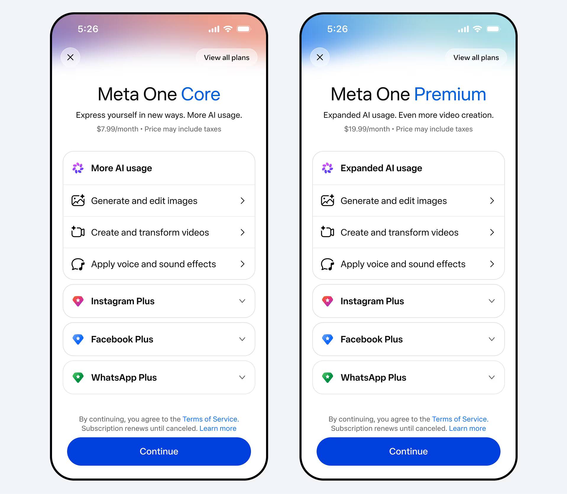Два экрана телефона показывают подписки Meta* One с ИИ функциями