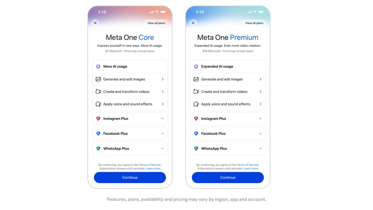 Meta запустила подписки Meta One с ИИ-функциями от $2,99 в месяц 2 скриншоты приложения Meta One подписки на iPhone