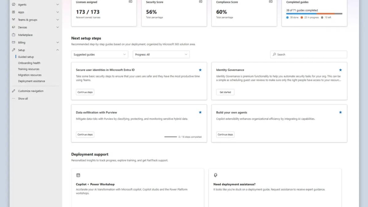 Microsoft 365 Setup теперь собирает настройку в одном дашборде 3 Обзор панели настройки Microsoft 365 с разделами и статусами