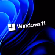 Логотип Windows 11 на черном фоне с голубыми абстрактными линиями