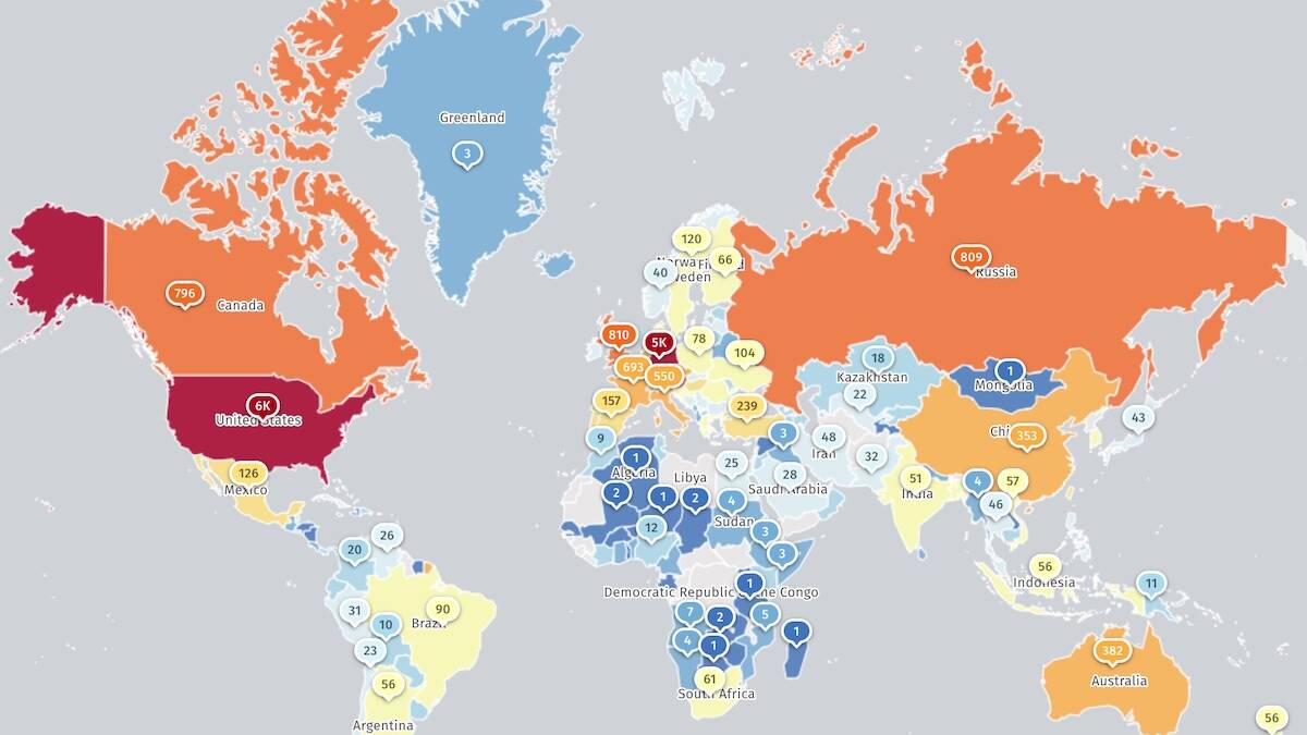 Карта мира с числовыми значениями у стран. Обозначения Microsoft Exchange Server уязвим как в статье