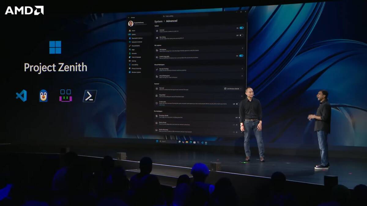 Microsoft показала Project Zenith для разработчиков с 64 ГБ памяти и 250+ ГБ/с 5 Два человека обсуждают демонстрацию Project Zenith от AMD на сцене
