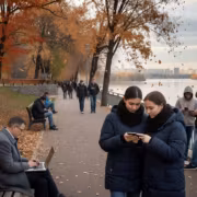 люди сидят и стоят на набережной в осеннем парке МТС 5G Челябинск