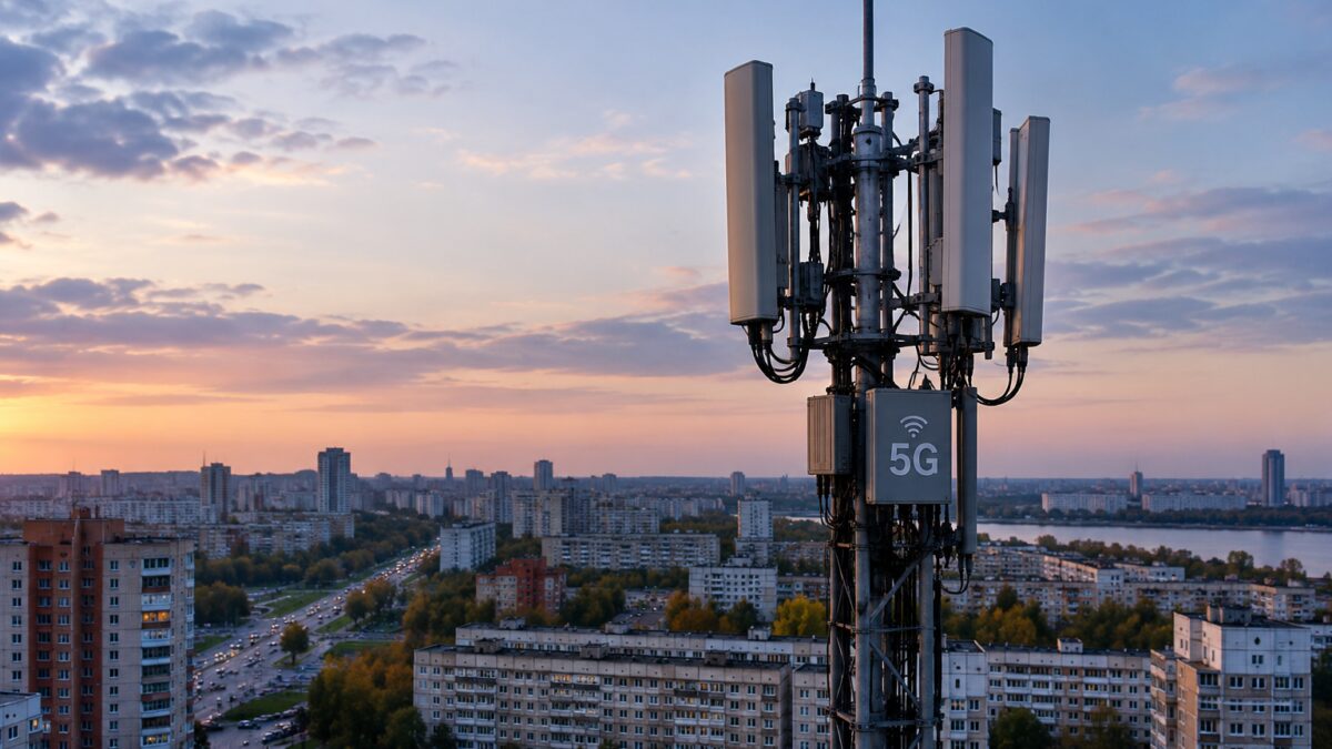 Мачта 5G Yota и Ростелекома на фоне города и неба