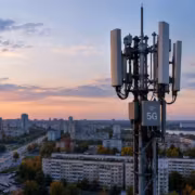 Мачта 5G Yota и Ростелекома на фоне города и неба