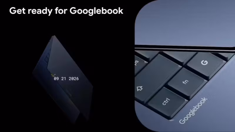 Планшет на фоне тёмного фона с датой 21.09.2026 Googlebook