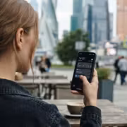 Около 40% смартфонов с российскими SIM-картами готовы к 5G — МТС 1 Женщина сидит за столом в кафе держит смартфон МТС 5G