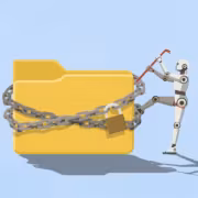 Робот с цепью и замком около папки с данными OpenAI агенты