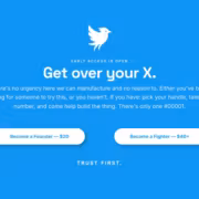 Заглушка сайта Twitter логотип птица, текст Get over your X, кнопки для подписки, название Operation Bluebird