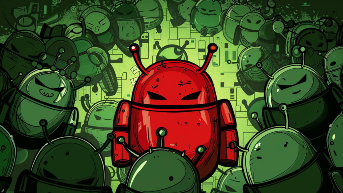 Классический мультяшный робот в окружении зеленых роботов RatHat Android-устройствами с ИИ