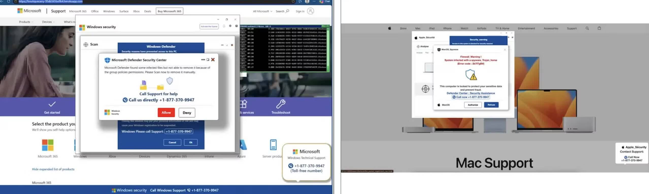 Множество окон с антивирусными сообщениями Windows Defender и MacSupport