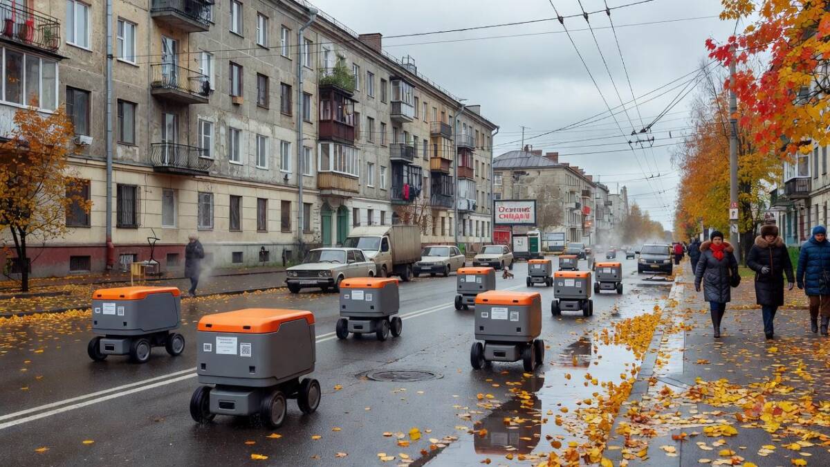 Роботам-доставщикам разрешили ездить по тротуарам со скоростью до 10 км/ч 5 Роботы-доставщики на улице с осенними листьями и пешеходами