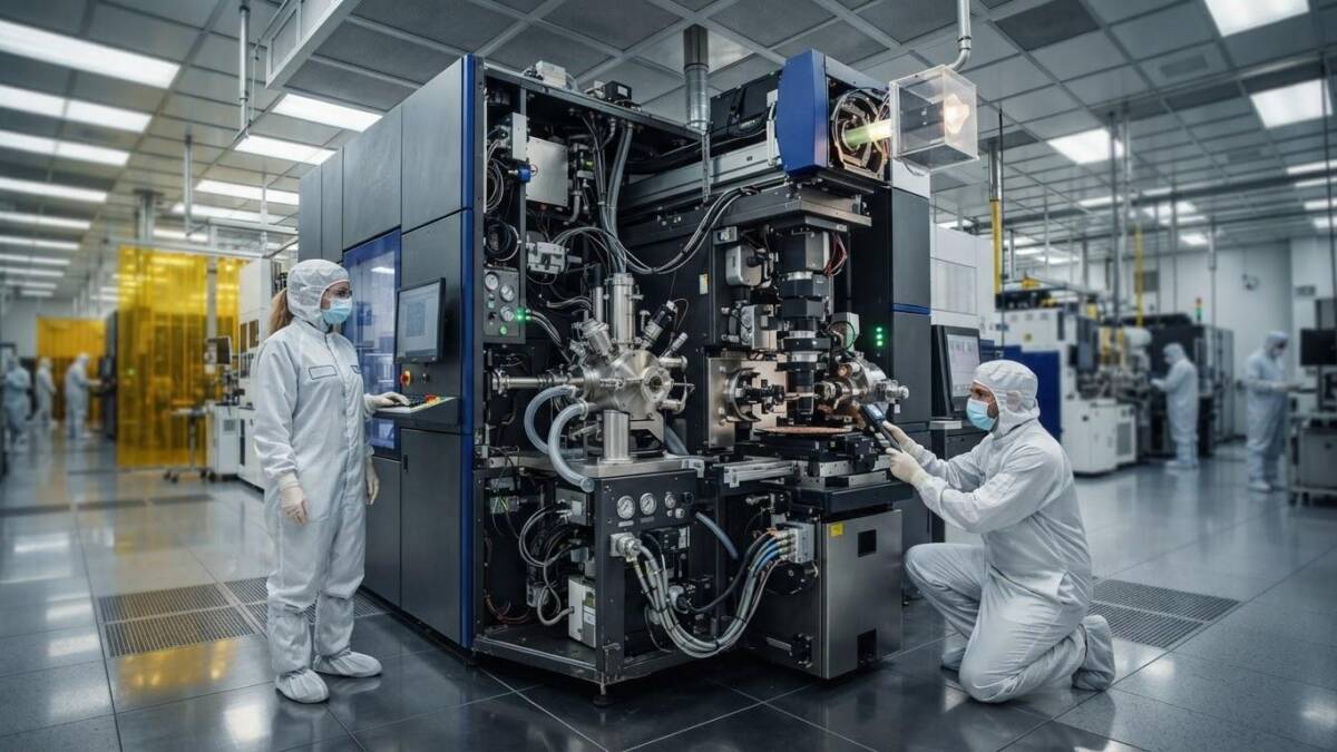 Рабочие в защитных костюмах у литографа для чипов