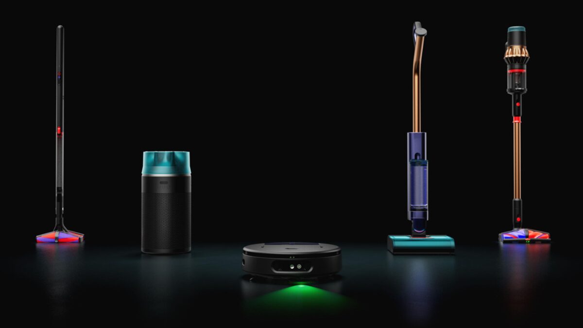 Dyson V15 Detect, Dyson Pure Cool, Dyson V12 Slim, Dyson V12 Detect, Dyson V12 Detect Slim на фоне черного фона