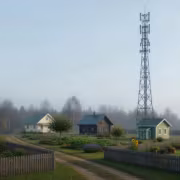деревянные дома деревни, заборы, цветы, деревья, телекоммуникационная вышка