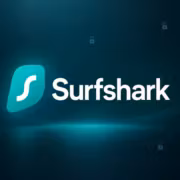 Логотип Surfshark на тёмно-голубом фоне с подписью Surfshark