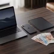 Ноутбук MacBook, смартфон iPhone, планшет, беспроводные наушники AirPods, кредитная карта, деньги и чехлы