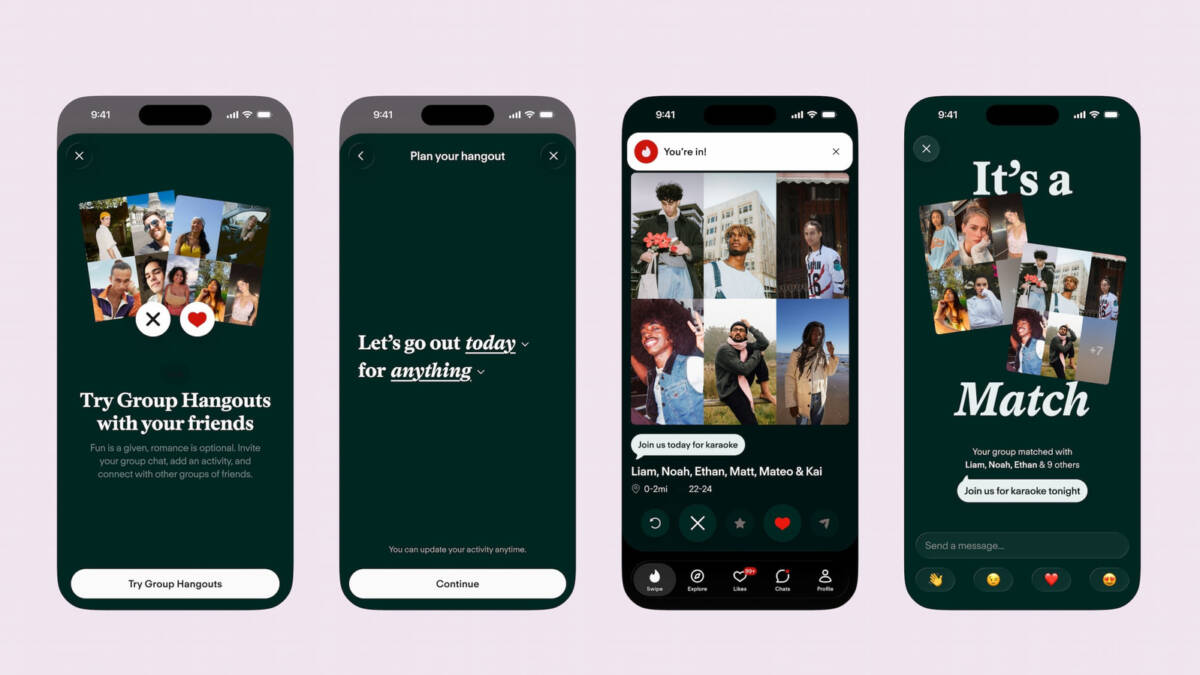 Интерфейс Tinder с групповой встречей и общим чатом