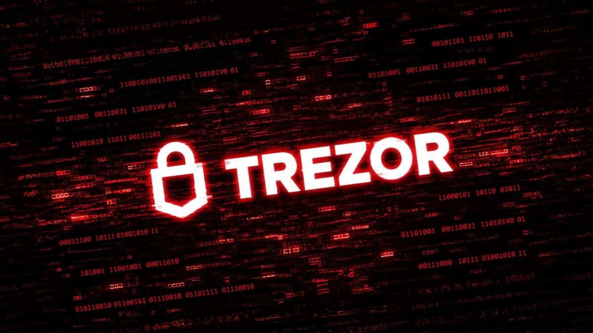 Логотип Trezor на фоне цифрового кода и брандмауэра