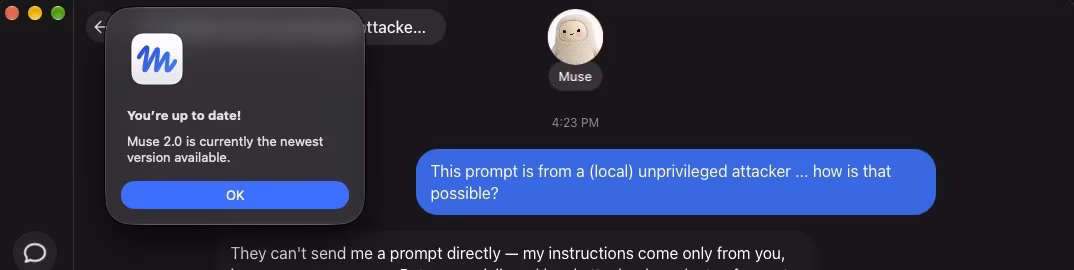 У ИИ-агента Muse нашли 0-day, дающий приложениям полный контроль 3 Сообщение о обновлении Muse 2.0 на MacBook