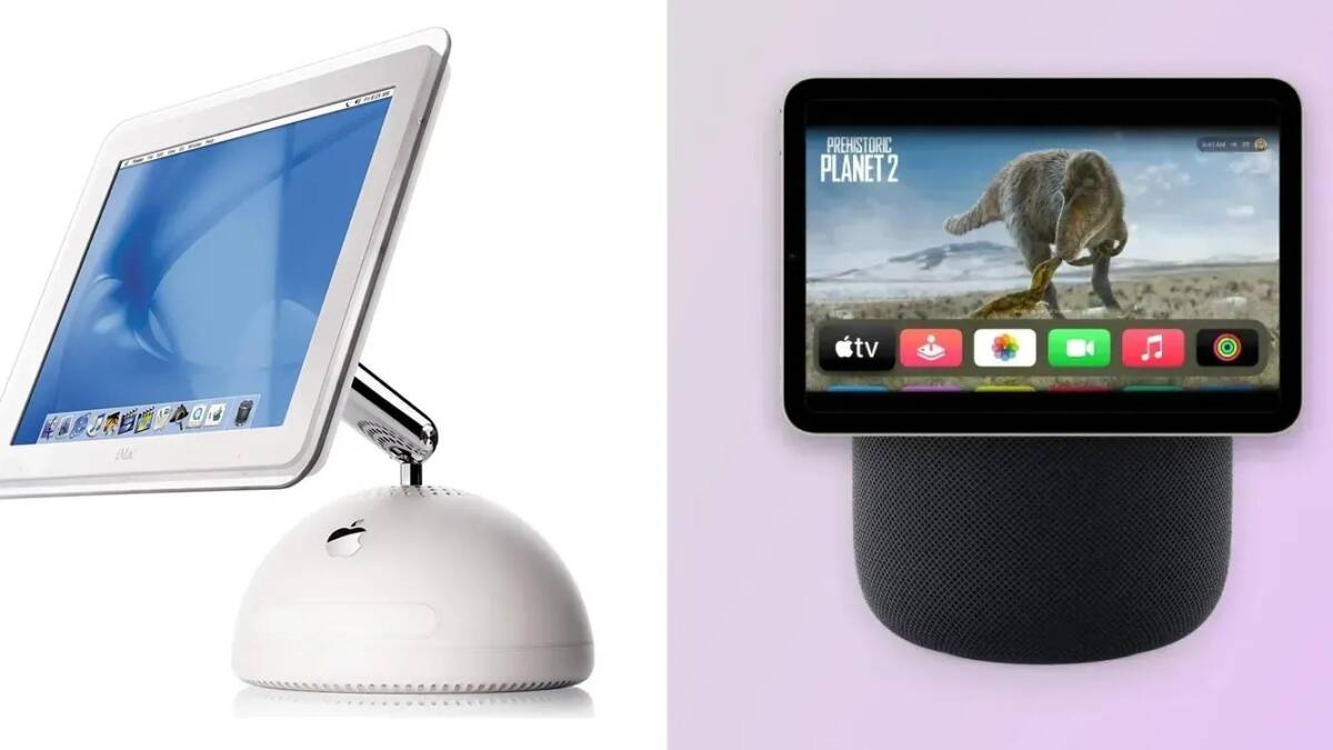 Умный хаб Apple в стиле iMac G4 на белом основании