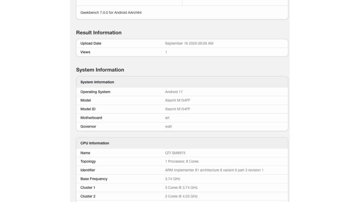 Результаты тестирования Xiaomi M154FF в Geekbench 7