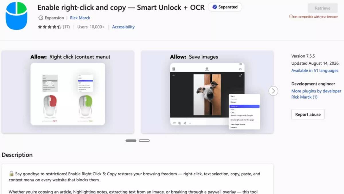 Расширение Chrome Enable right-click and copy