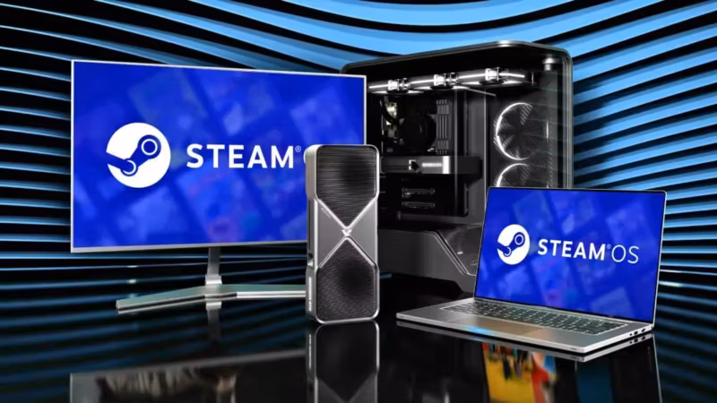 Компьютерная система с двумя мониторами SteamOS и кейсом Valve