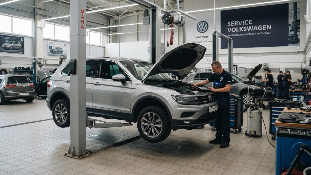 Механик проверяет Volkswagen Tiguan в автосервисе отзывы Volkswagen