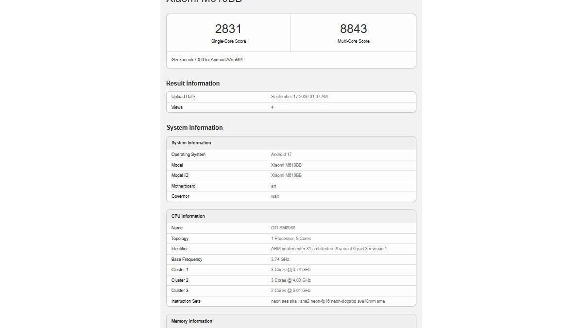 Xiaomi 18 Pro Max показал 2 831 балл в Geekbench