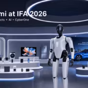 Манекен робота CyberOne и демонстрационные продукты Xiaomi на выставке
