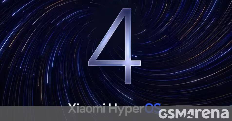 Рабочий стол с крупной надписью 4 и фоновыми звездными линиями Xiaomi HyperOS