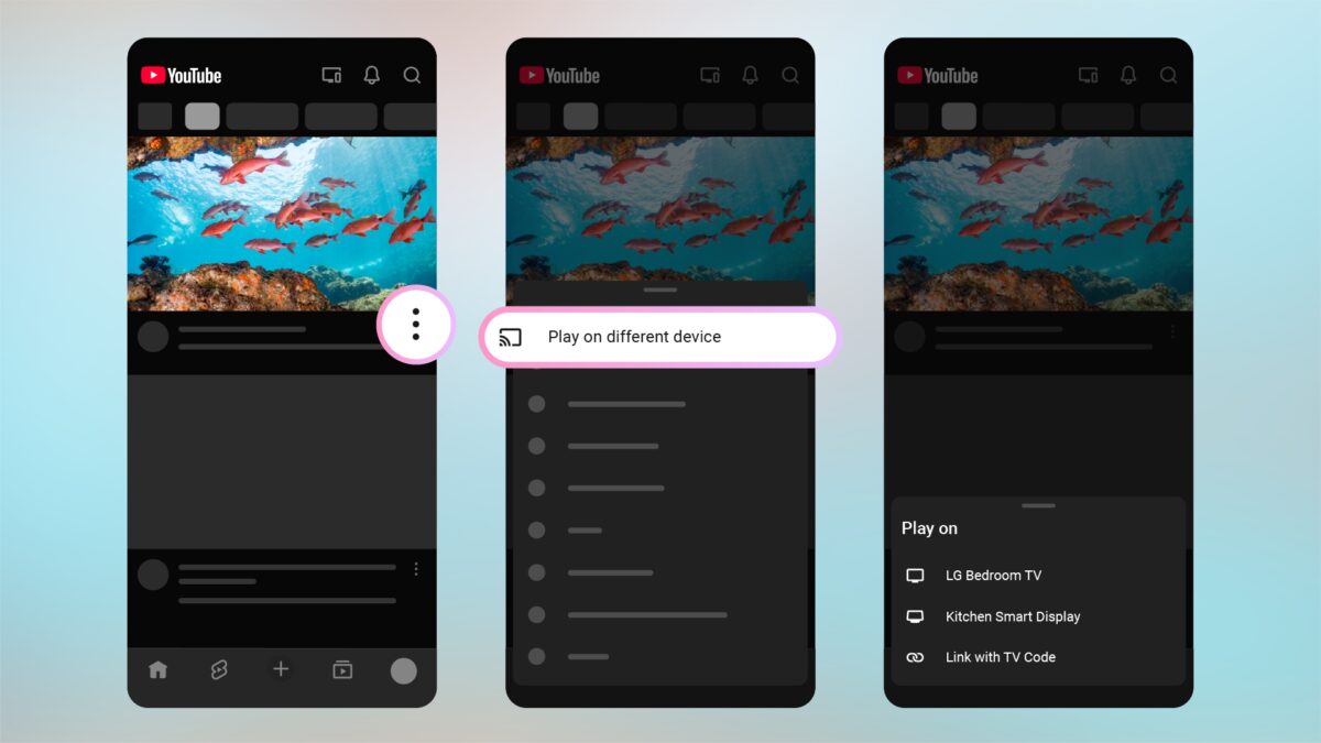 YouTube меняет трансляцию с телефона на ТВ и больше не требует общего Wi‑Fi 5 меню выбора устройств для трансляции YouTube на Телевизор LG
