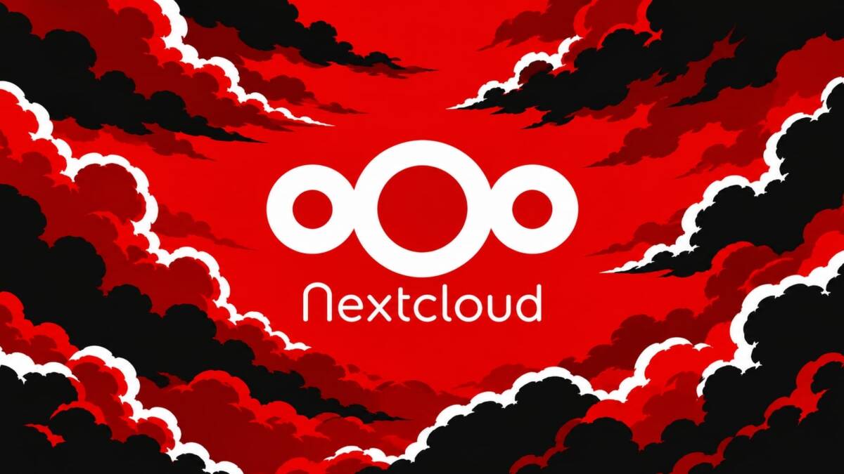 Логотип Nextcloud на фоне красных и черных облаков