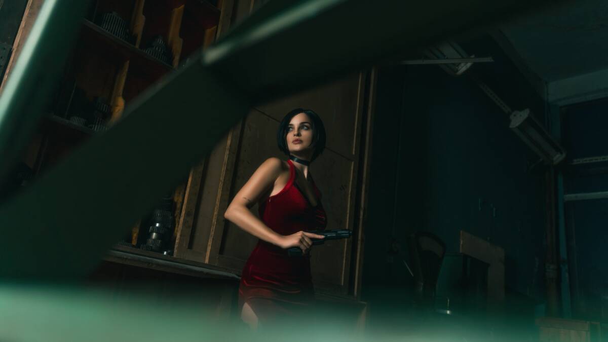 Ада Вонг в красном платье с пистолетом Resident Evil