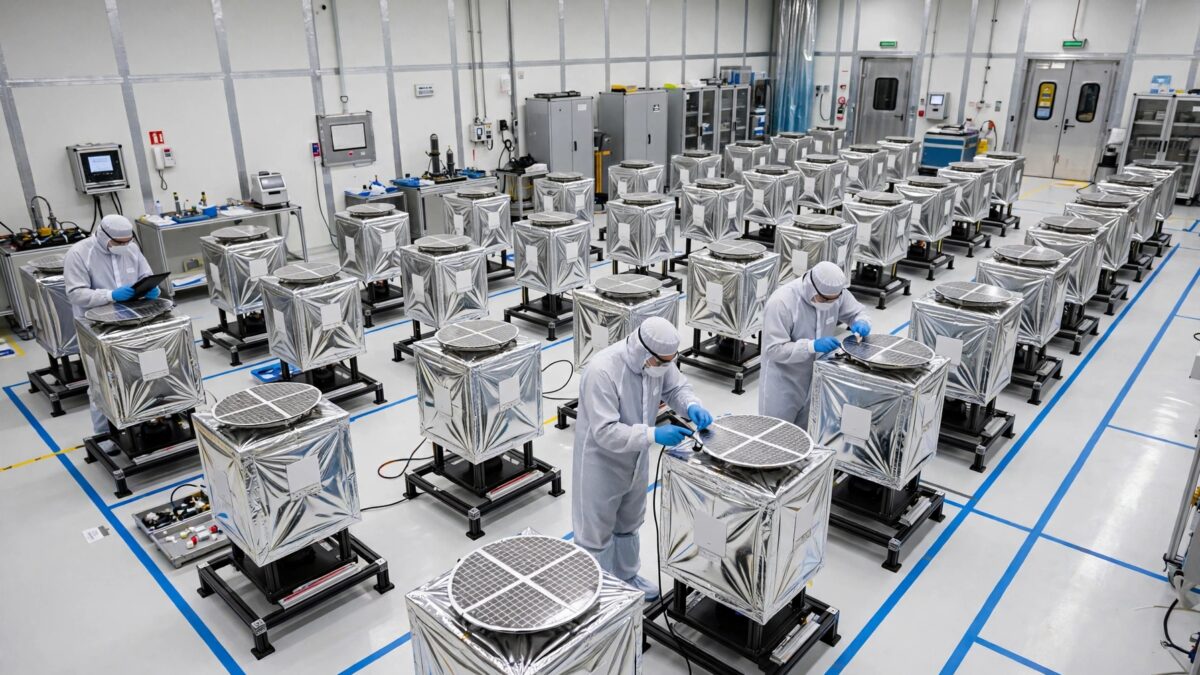 Рабочие в халатах и масках собирают спутники Airbus Eutelsat