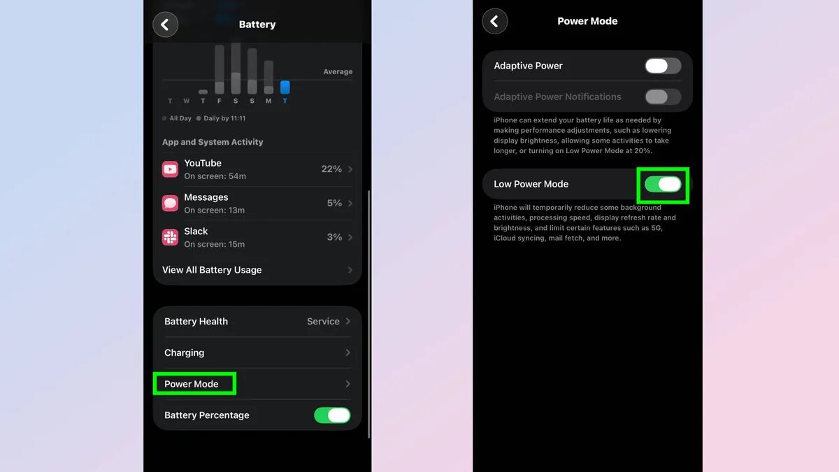 Настройки режима энергосбережения в iPhone Battery и Power Mode