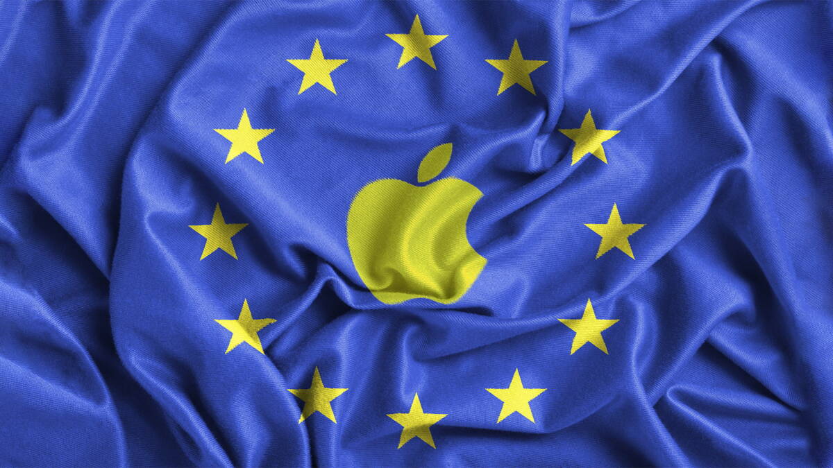 флаг Европейский союз и логотип Apple на ткани