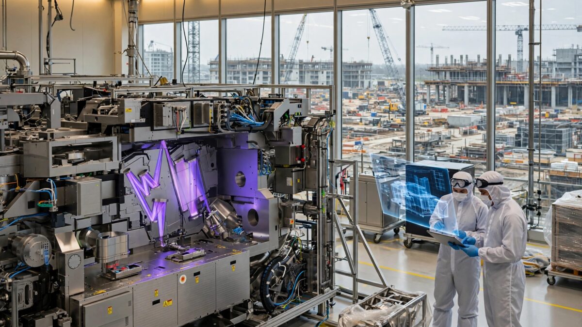 Экран, роботы и инженеры на производственной линии ASML