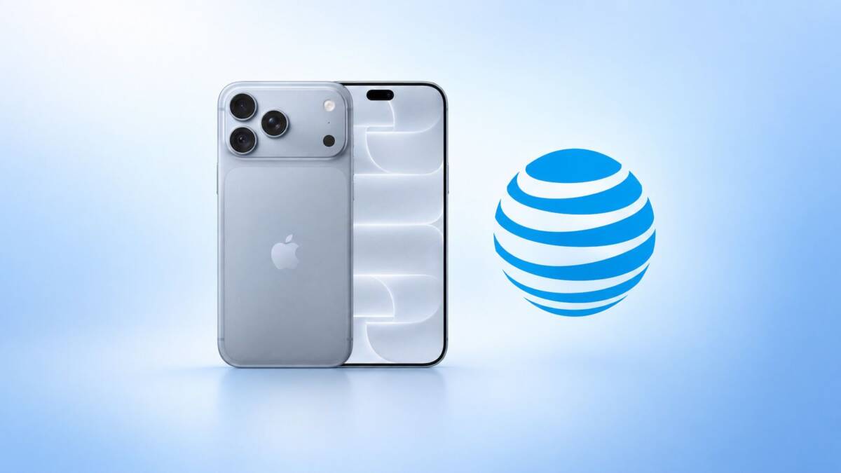 iPhone 13 Pro Max и логотип AT&T на синем фоне