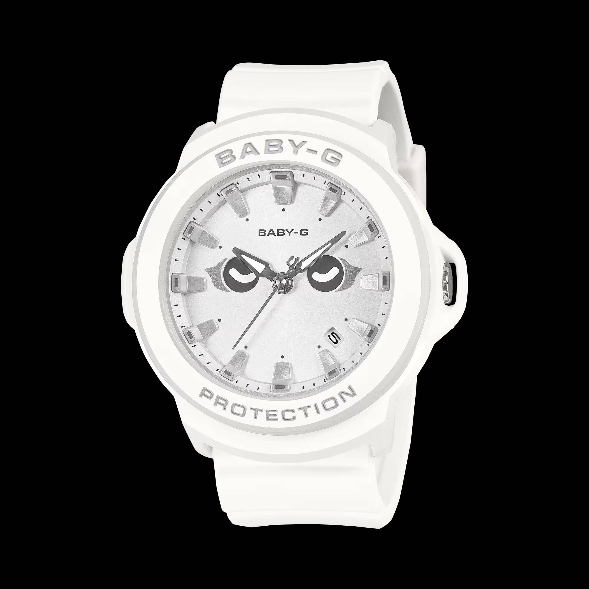 Белые часы Casio Baby-G с улыбающимися глазами на циферблате