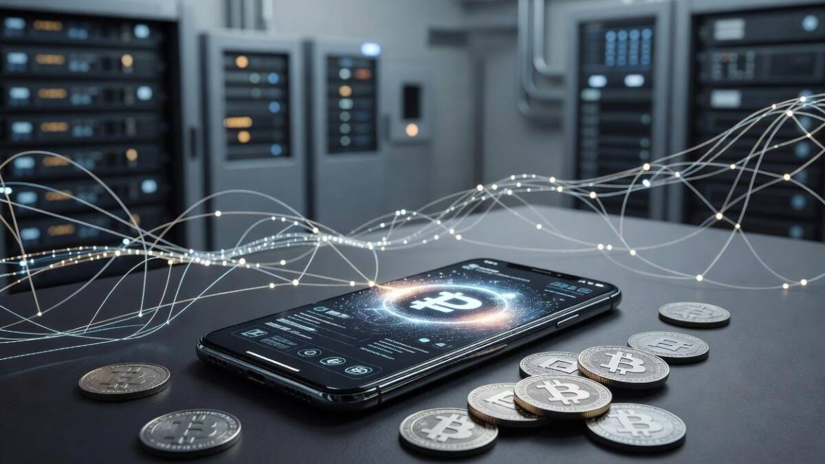 смартфон с цифровым рублём и графиком криптовалют ВТБ и Сбер