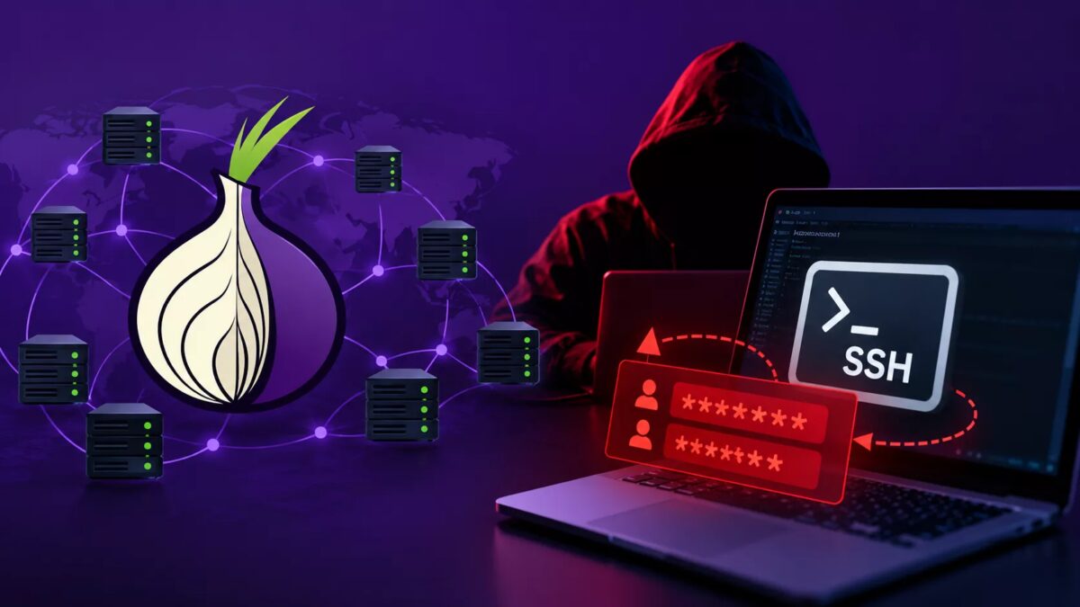 Хакер в капюшоне использует ноутбук для SSH Tor взлома