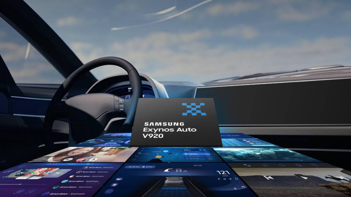 интерьер автомобиля с дисплеями и логотипом Samsung Exynos Auto V920